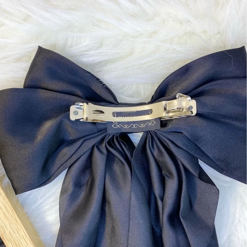 Big Hair Bow Satin Ribbon 🎀 Clip On Black Long Bow Goth Dark Punk - Picture 4 of 7